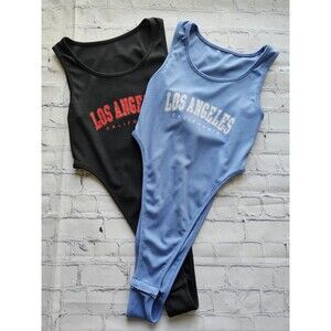 SHEIN Los Angeles California Black & Light Blue Bodysuit S Pre-Owned Ribbed Snap